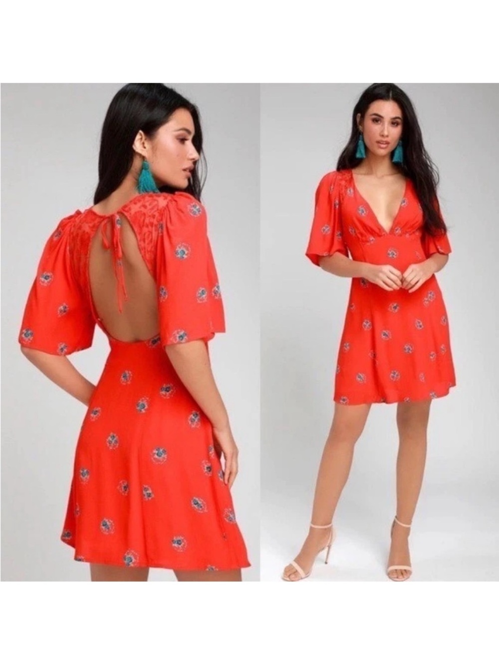 FREE PEOPLE Women Mocking Bird Backless Coral Red Lace Floral Mini Dress size 12 - Picture 15 of 15